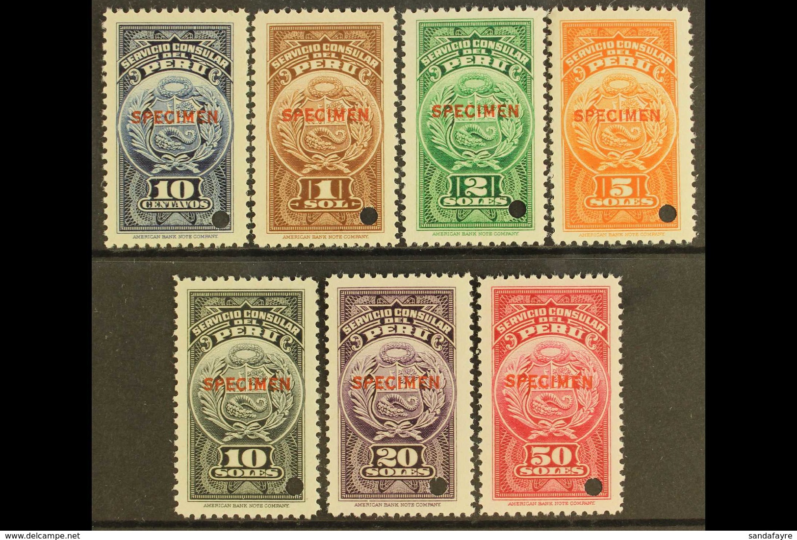 CONSULAR REVENUES 1938 Complete Set With "SPECIMEN" Overprints, Very Fine Never Hinged Mint, With Small Security Punch-h - Peru
