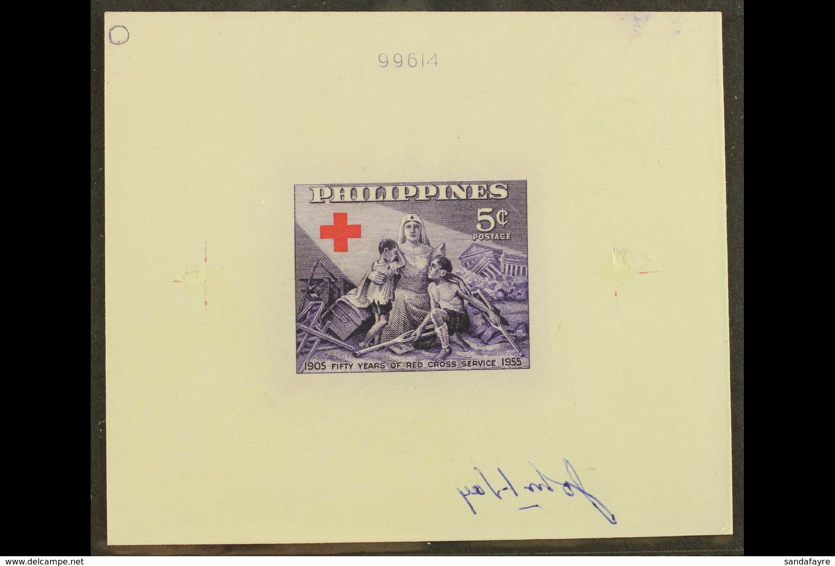 1956 IMPERF DIE PROOF For The 5c Red Cross Issue (Scott 627, SG 788), Printed In The Issued Colours With Die Number Abov - Philippinen