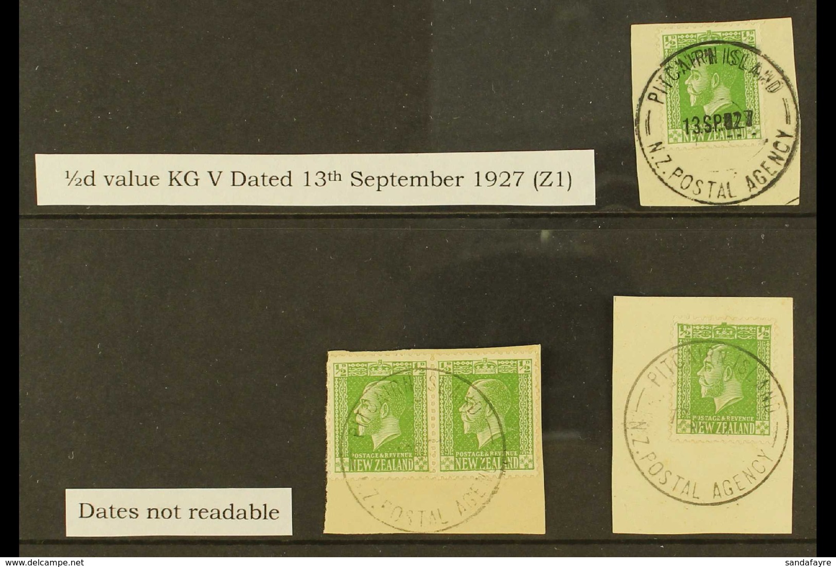 1915-29 ½d KGV Of New Zealand With "PITCAIRN ISLAND" Cds Cancels On-piece Group, SG Z1, One With Very Fine Complete Canc - Islas De Pitcairn