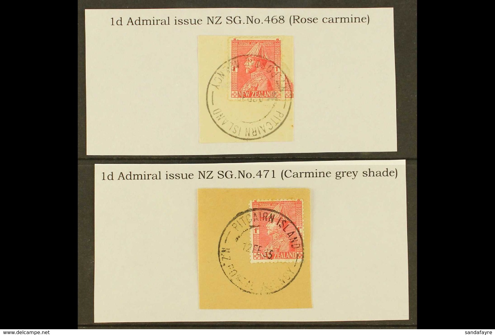 1926-27 1d Carmine "Admiral" Of New Zealand, Two Different Shades, Each On Piece Tied By Fine Full "PITCAIRN ISLANDS" Cd - Pitcairninsel