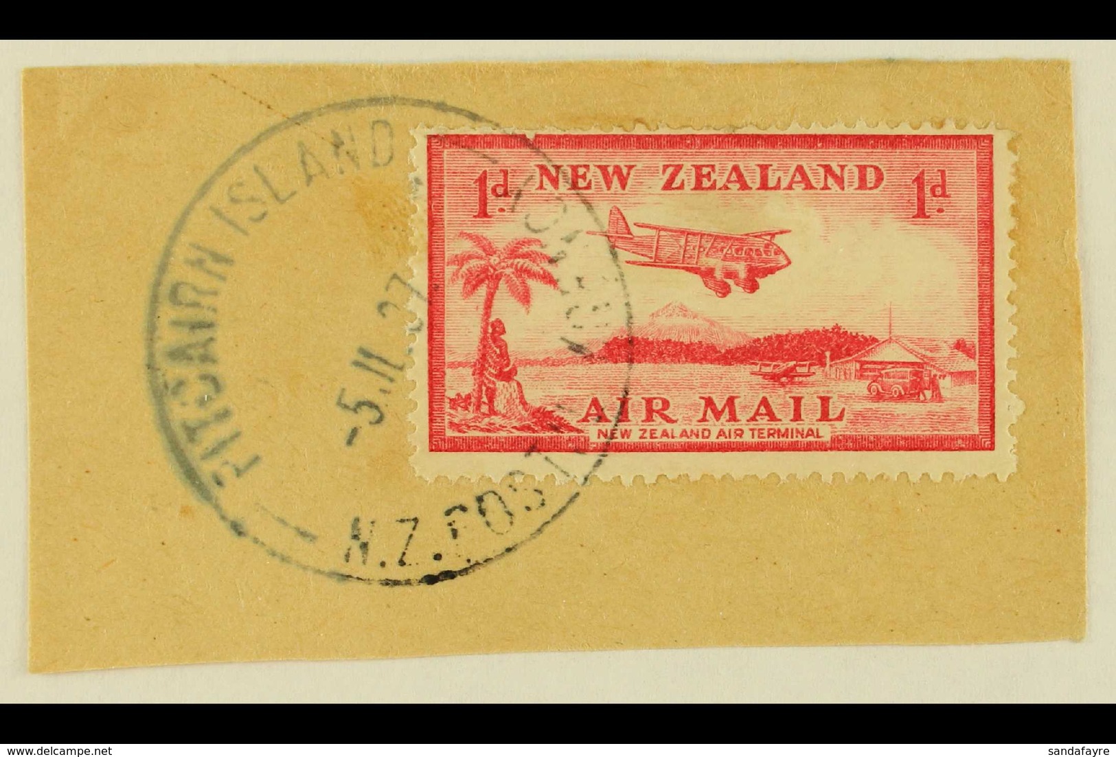 1937 1d Carmine Air Stamp Of New Zealand, SG 570, On Piece Tied By Fine Full "PITCAIRN ISLAND" Cds Cancel Of 5 JL 37, Un - Pitcairninsel