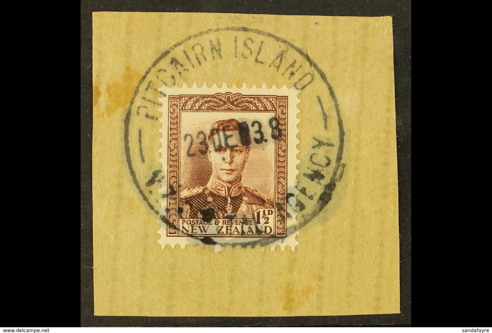 1938 1½d Purple-brown KGVI Of New Zealand, On Piece Tied By Fine Full "PITCAIRN ISLAND" Cds Cancel Of 23 DE 38, SG Z60.  - Pitcairninsel