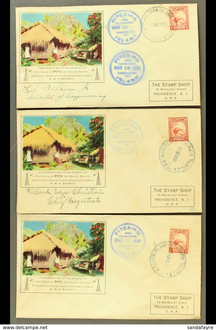 1938 Three Special Cacheted "Pitcairn Island / Radio Communication" Covers, Each Bearing New Zealand 1d Stamp Tied By "P - Pitcairn Islands