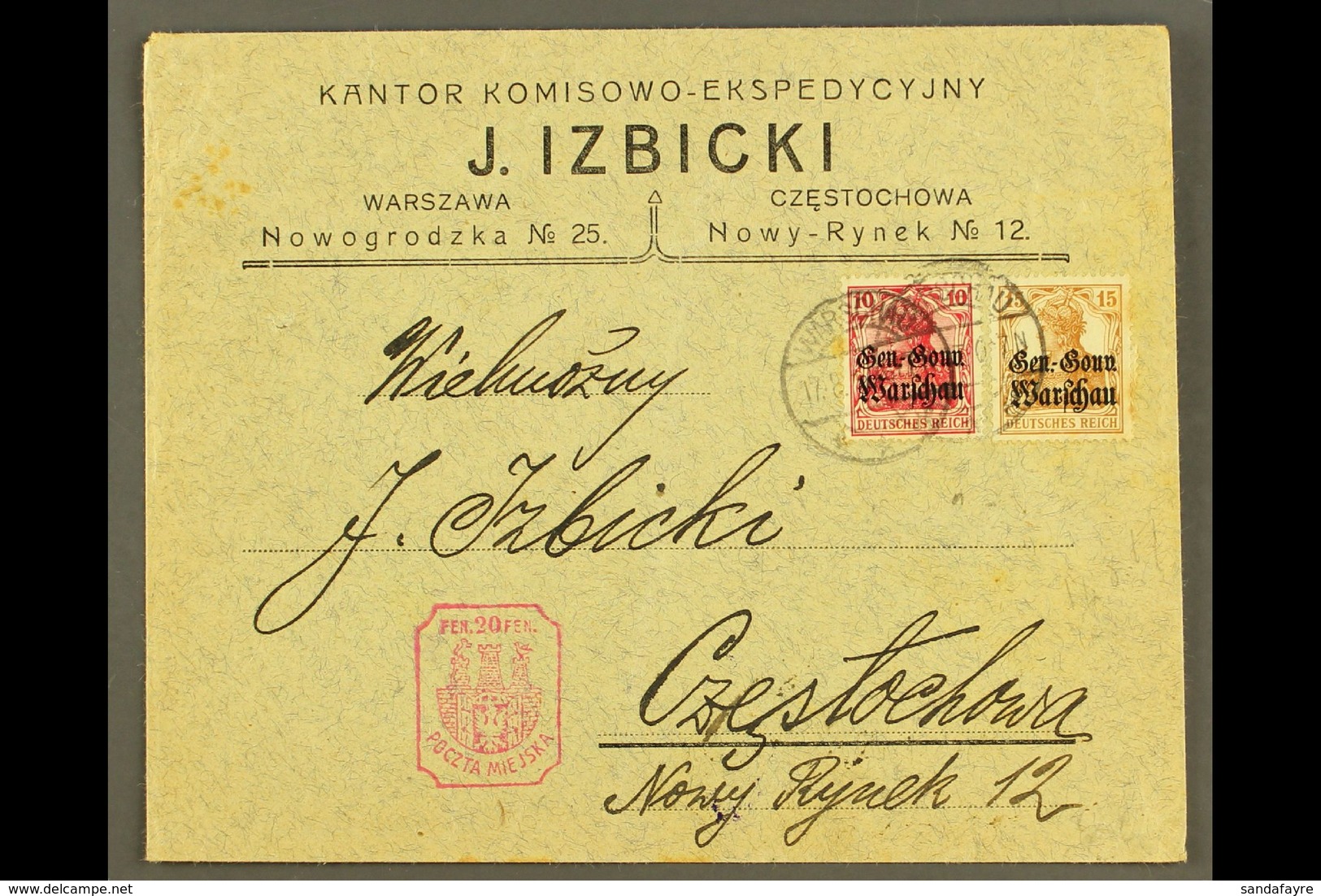 LOCAL TOWN POST CZESTOCHOWA 1917 (17 Aug) Cover Bearing Gen-Gouv Warschau 10pf & 15pf Stamps Tied By "Warschau" Cds's An - Sonstige & Ohne Zuordnung