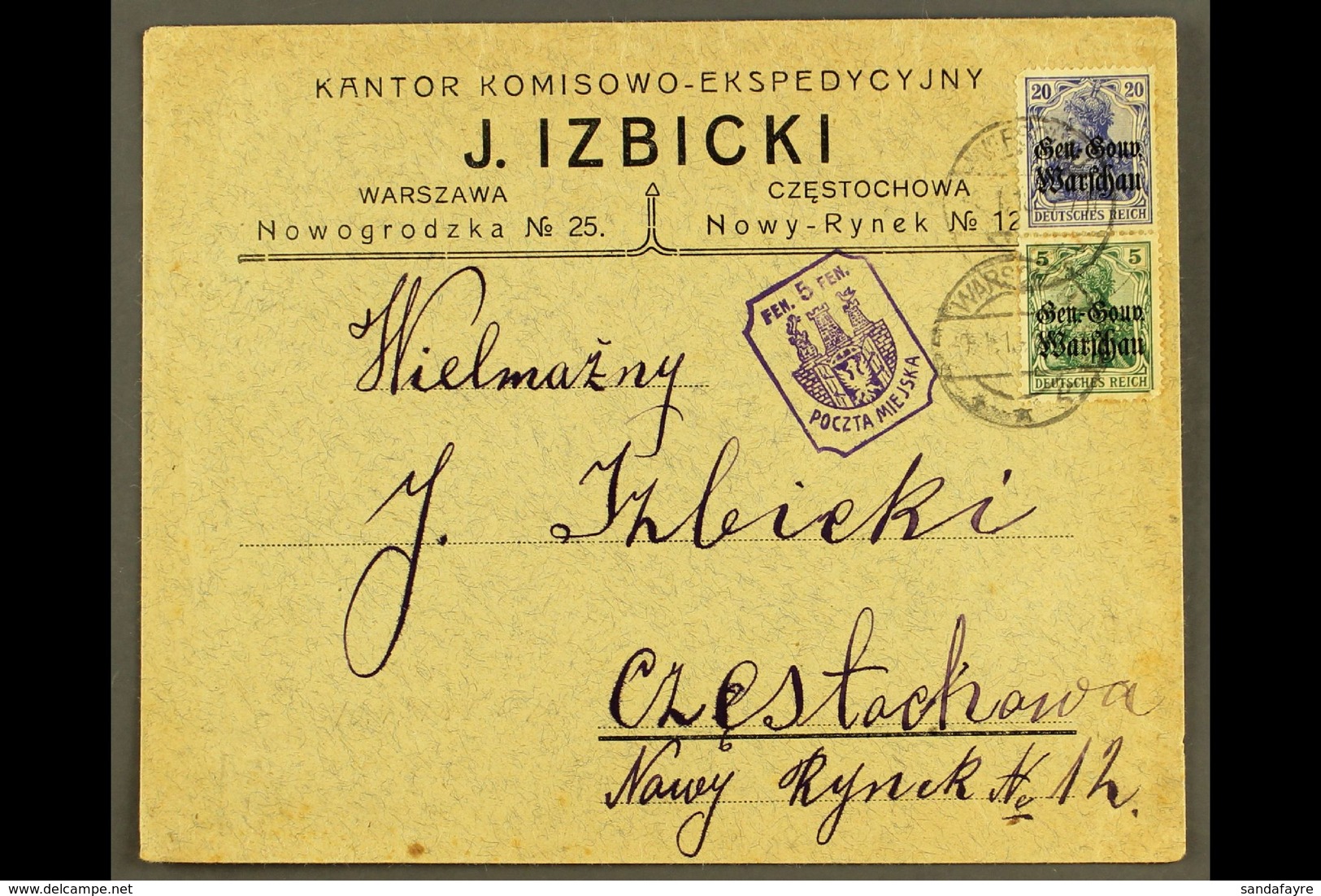 LOCAL TOWN POST CZESTOCHOWA 1918 (10 Jan) Cover Bearing Gen-Gouv Warschau 5pf & 20pf Stamps Tied By "Warschau" Cds's And - Autres & Non Classés