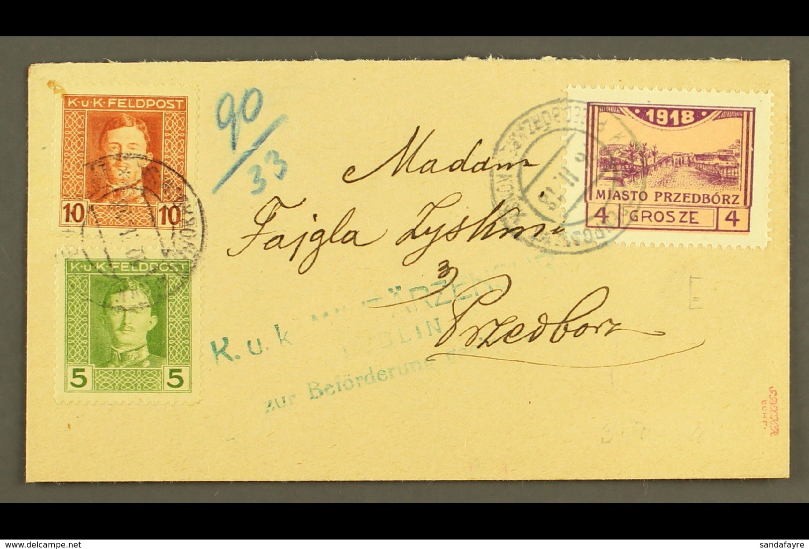 LOCAL TOWN POST PRZEDBORZ 1918 (20 Feb) Censored Cover Bearing Austria 5h & 10h Feldpost Stamps Tied By "K.u.k. Etappenp - Autres & Non Classés