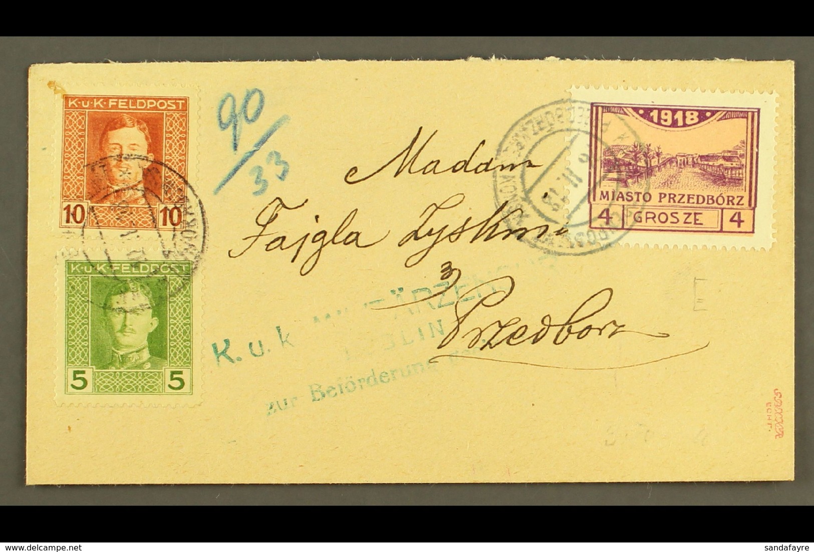 LOCAL TOWN POST PRZEDBORZ 1918 (20 Feb) Censored Cover Bearing Austria 5h & 10h Feldpost Stamps Tied By "K.u.k. Etappenp - Other & Unclassified