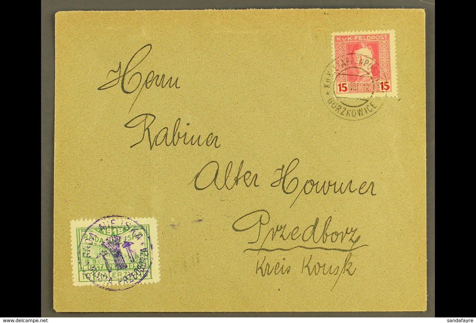 LOCAL TOWN POST PRZEDBORZ 1918 (15 Aug) Cover Bearing Austria 15h Feldpost Stamp Tied By "K.u.K. Etappenpostamt Gorzkowi - Sonstige & Ohne Zuordnung