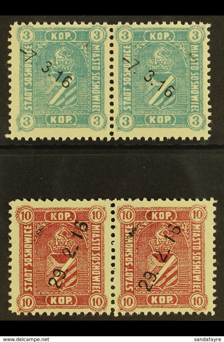 SOSNOWICE (SOSNOWIEC) 1916 Local Stamps Set (Michel 1/2, Barefoot 1/2), Very Fine Used Horizontal PAIRS, Fresh. (2 Pairs - Other & Unclassified