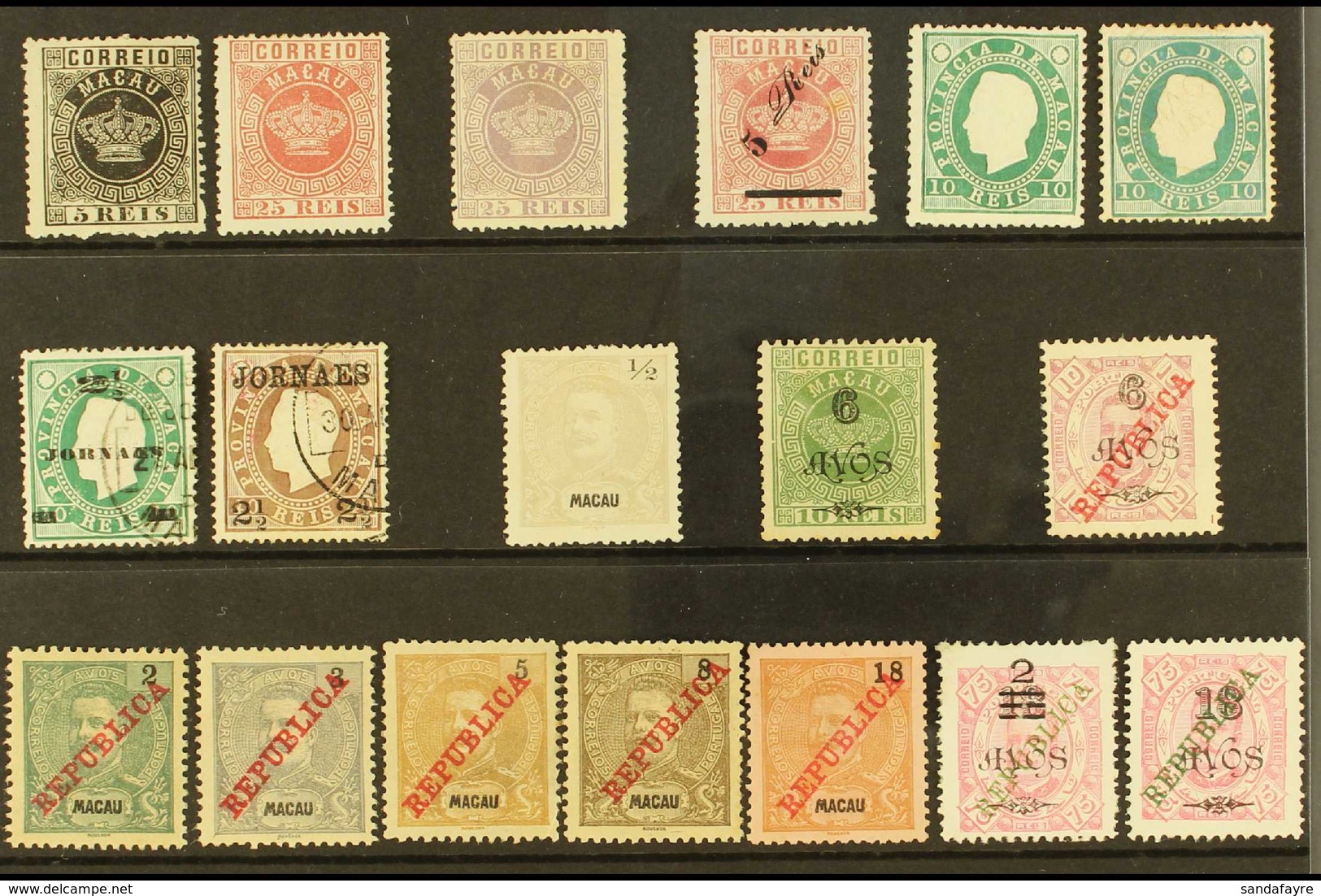 MACAO 1884-1915 Mostly Unused Selection On Stock Cards, Inc 1884 5r & 25r, 1885 25r, 1885 5r On 25r, 1888 10r, 1902 6a O - Autres & Non Classés