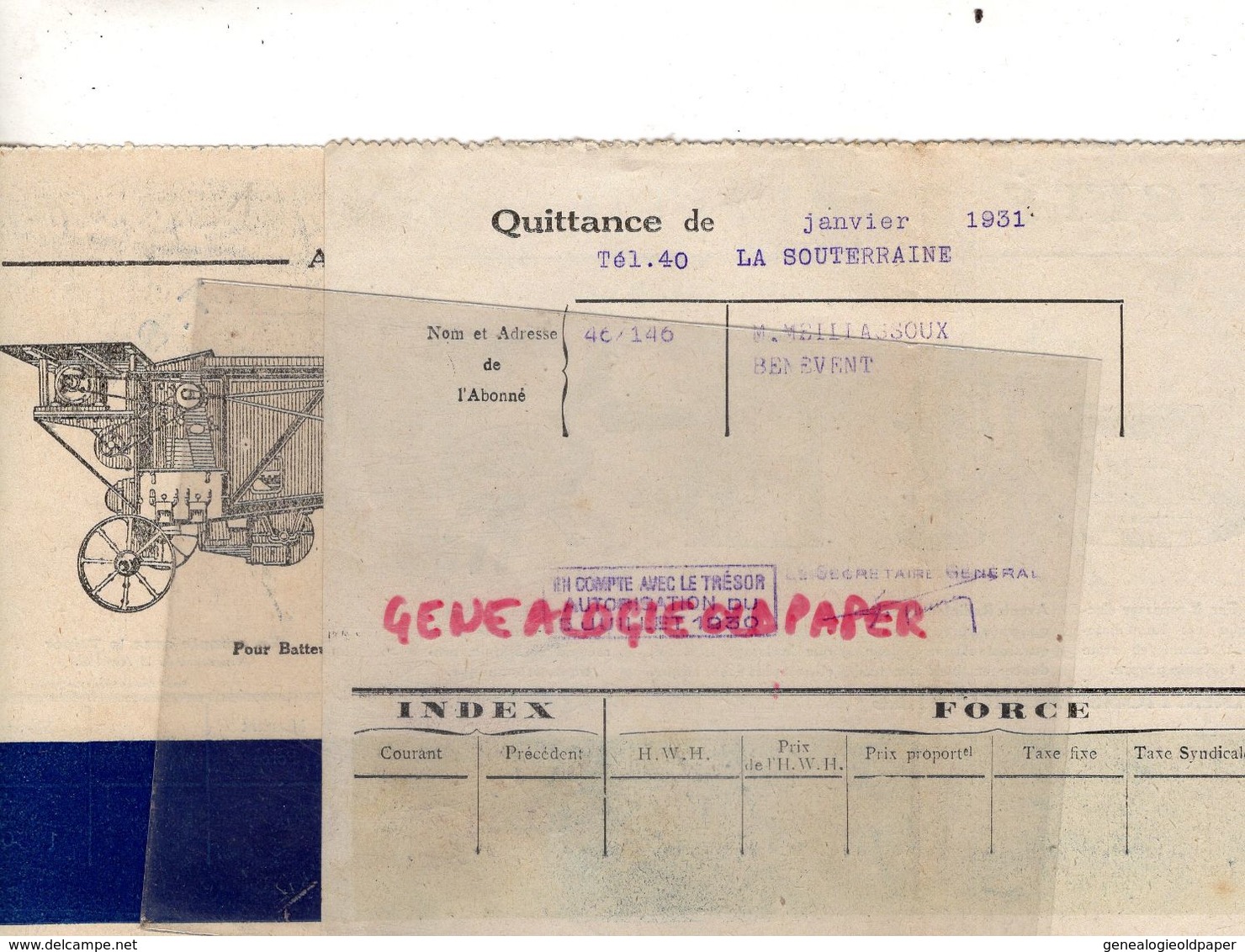 36- LA SOUTERRAINE- FACTURE UNION ELECTRIQUE RURALE-1931- RUE LISBONNE PARIS- A LA FERME-BATTEUSE-AGRICULTURE-BOUILLOIRE - Electricity & Gas