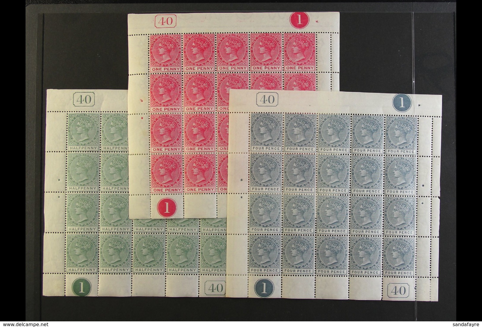 1882-90 COMPLETE SHEETS 1882-90 Watermark Crown CA ½d Dull Green, SG 11, 1d Carmine-rose, SG 13, Plus 4d Grey, SG 18, Ea - St.Christopher-Nevis-Anguilla (...-1980)