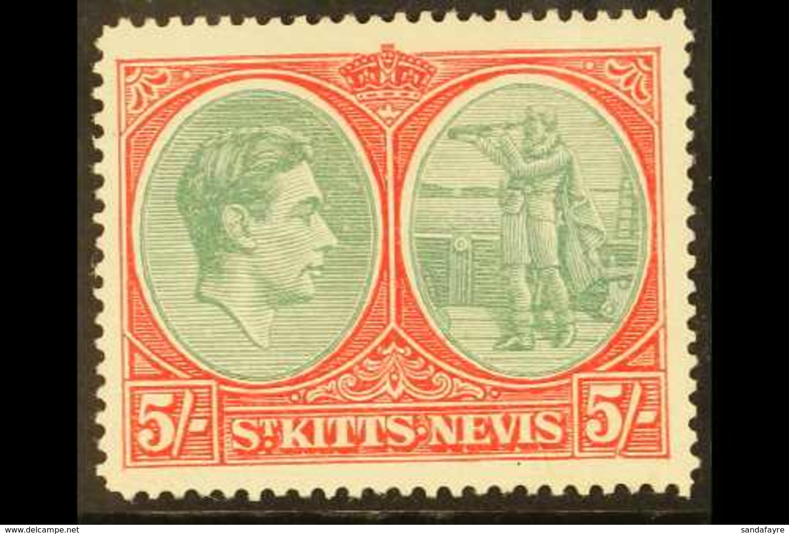1838-50 5s Bluish Green And Scarlet On Ordinary Paper, Perf 14, With BREAK IN VALUE TABLET FRAME Variety, SG 77ba, Fine  - St.Kitts Und Nevis ( 1983-...)