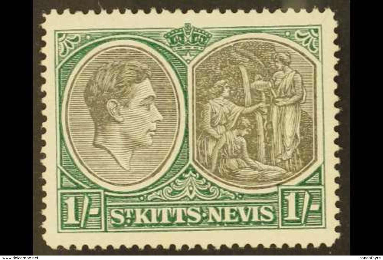 1943 1s Black And Green Perf. 14 On Ordinary Paper, Showing Break In Value Tablet Frame, SG 75ba, Fine Mint.  For More I - St.Kitts And Nevis ( 1983-...)