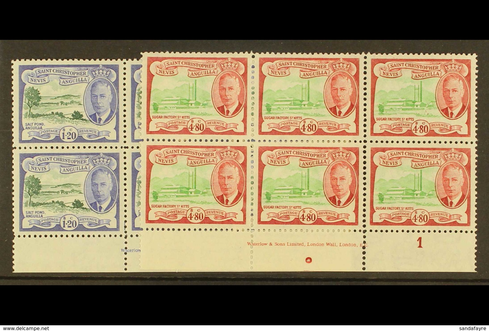 1952 $1.20 And $4.80, SG 104/105, Each In A Lovely Lower Marginal Imprint & Plate Number Block Of Six, Fine Never Hinged - St.Kitts-et-Nevis ( 1983-...)