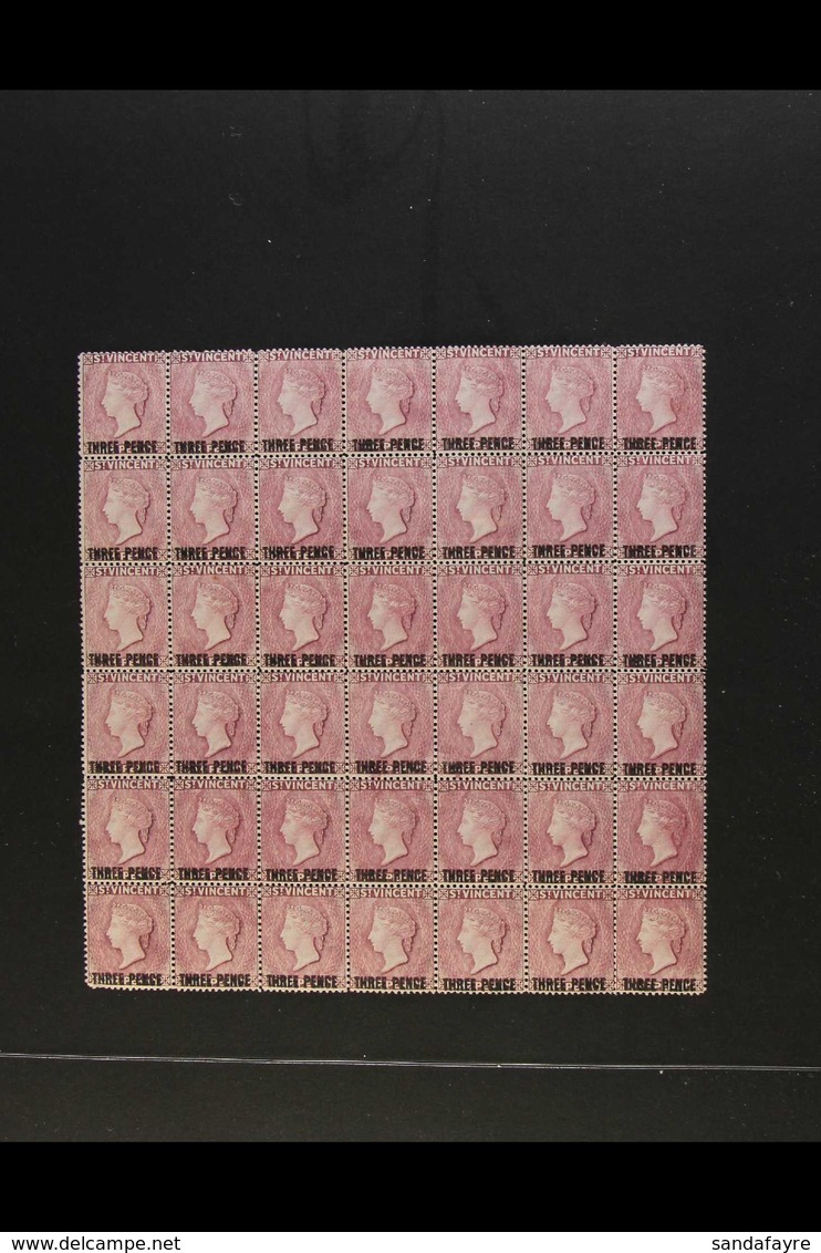 1897 3d On 1d Mauve, SG 63, Very Fine Mint BLOCK OF FORTY-TWO (7 X 6), Most Stamps Never Hinged. The Third Row Of Seven  - St.Vincent (...-1979)