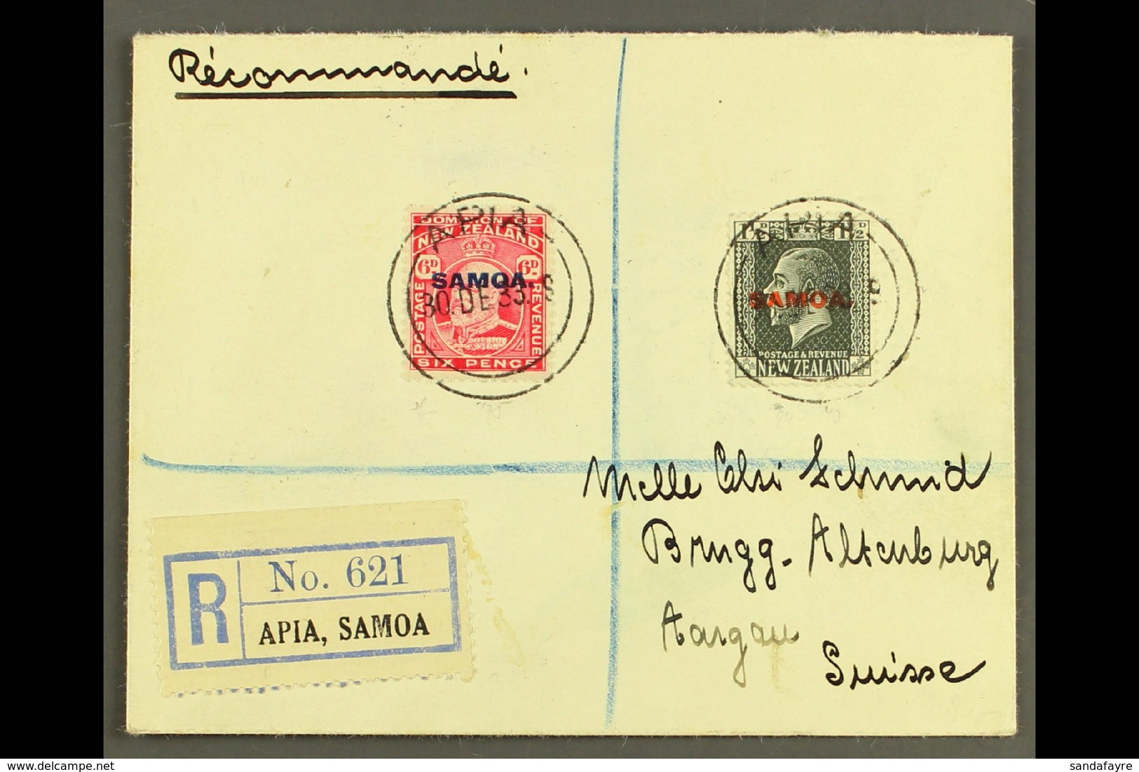 1933 6d Carmine & 1½d Slate, SG 119, 135, 7½d Franking On Registered Cover To Switzerland, Tied By Apia 30.12.33 Postmar - Samoa