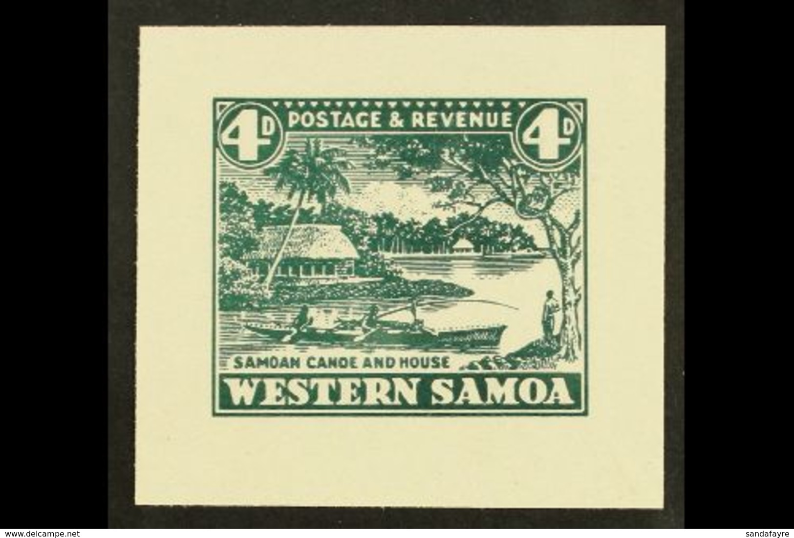 1935 PICTORIAL DEFINITIVE ESSAY Collins Essay For The 4d Value In Dark Green On Thick White Paper, The "Samoan Canoe And - Samoa (Staat)