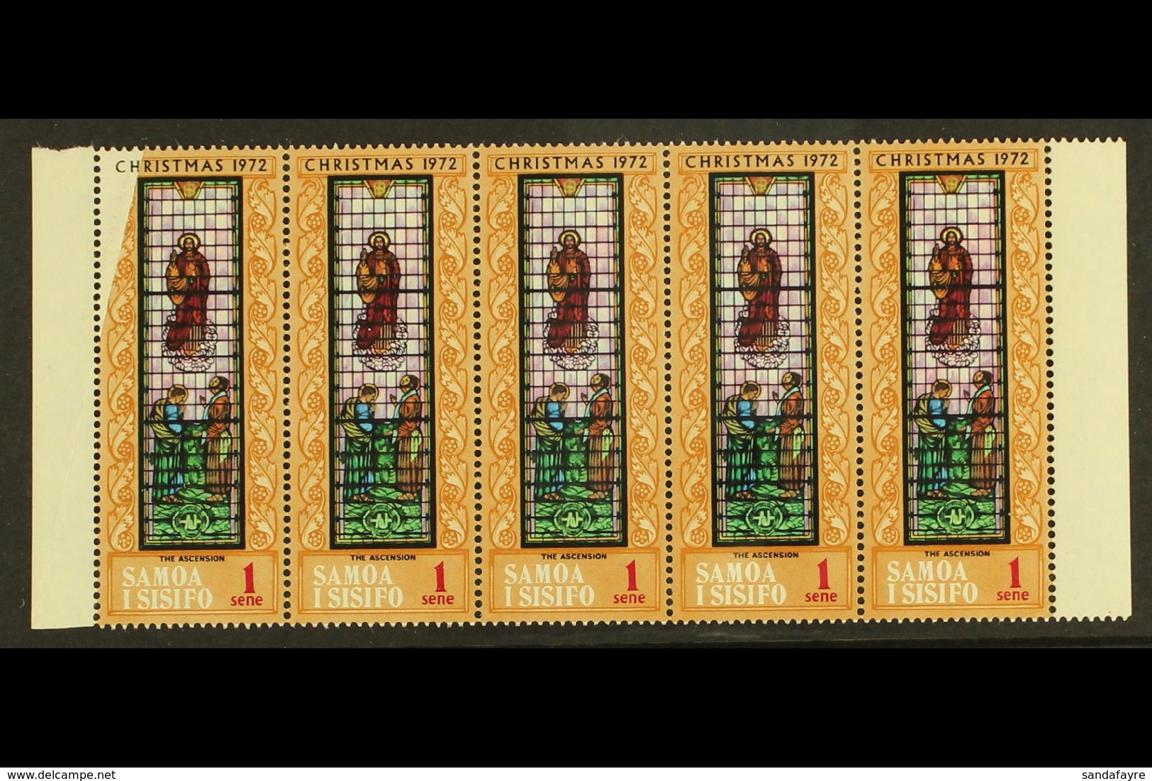 1972 1s Christmas (SG 400) Marginal Horizontal Never Hinged Mint Strip Of Five, The Left Stamp With Part Of The Orange-b - Samoa