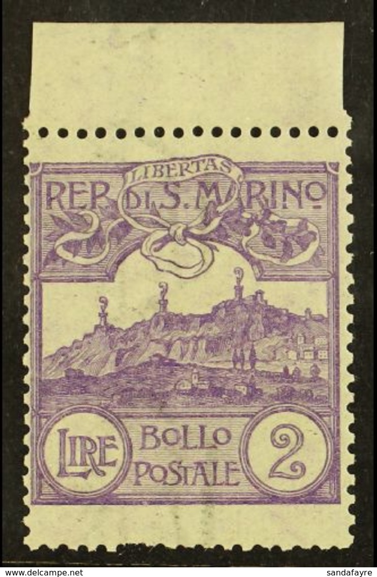 1903 2L Violet Mt Titano (SG 50, Sass 44, Scott 72) Mint Upper Marginal Example, Short Perf At Base. For More Images, Pl - Sonstige & Ohne Zuordnung