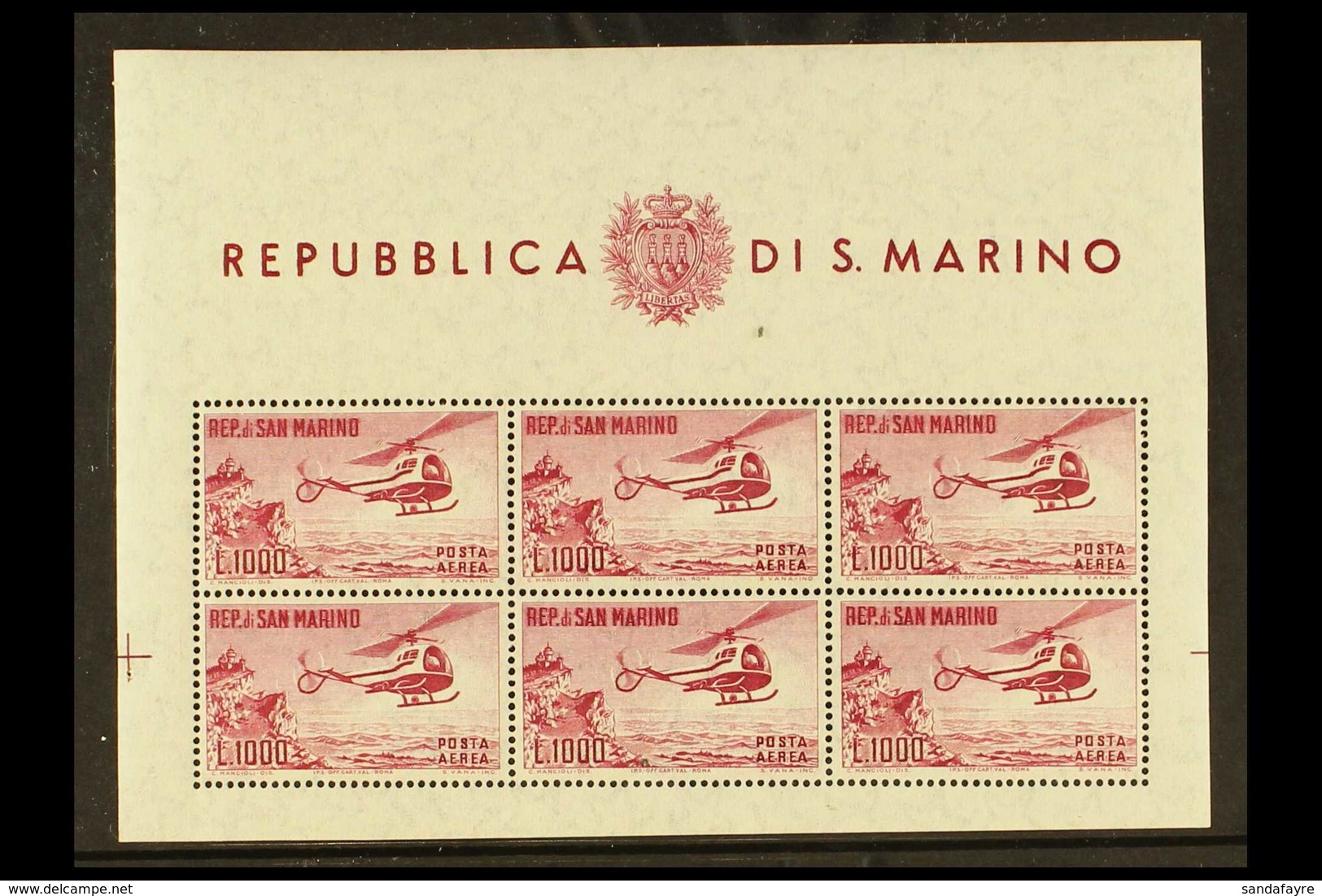 1961 1000L Carmine, Helicopter Miniature Sheet, Mi. 696 Klb, Sassone 22, Superb Never Hinged Mint. For More Images, Plea - Autres & Non Classés