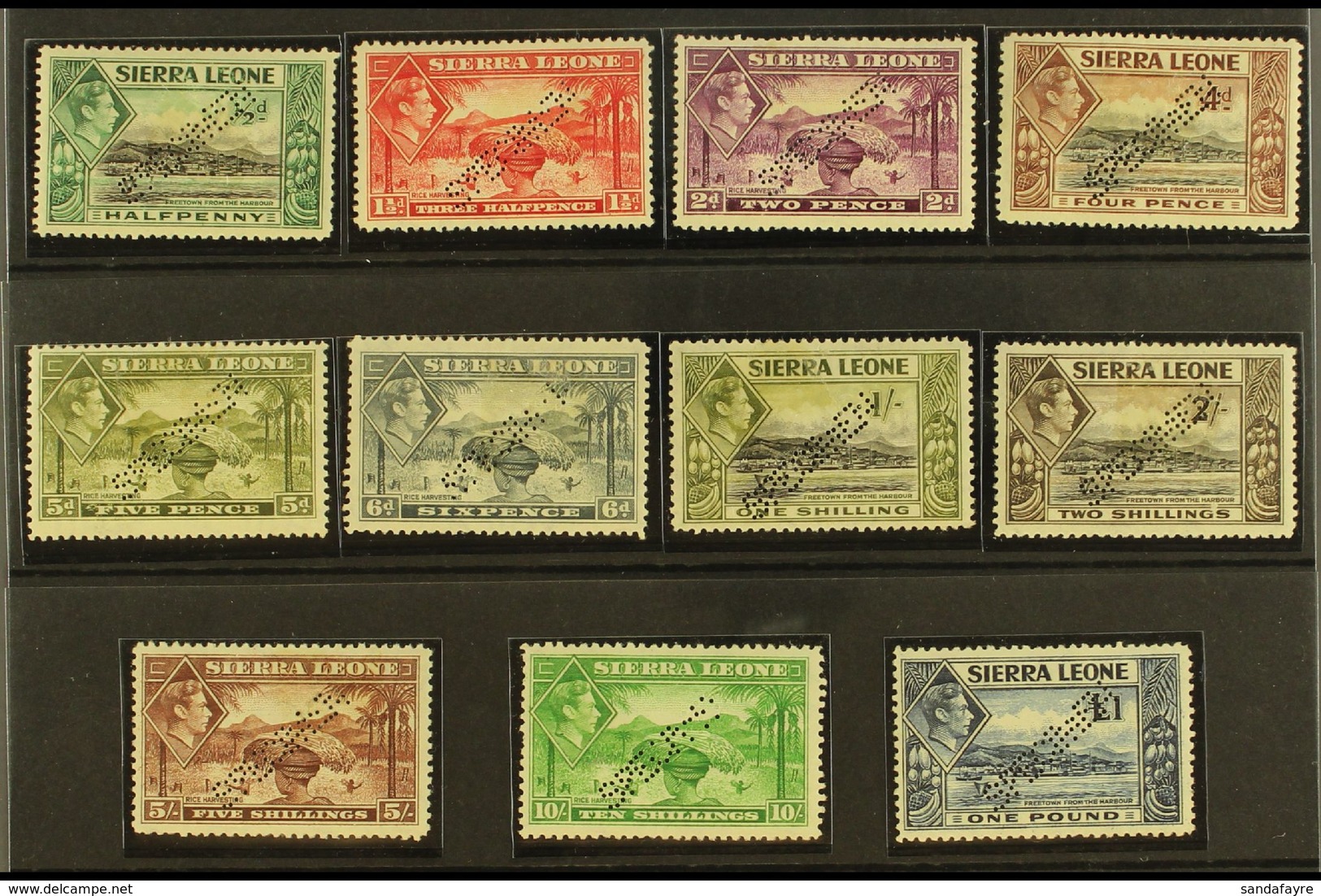 1938 "SPECIMENS" ½d, 1½d Scarlet, 2d Mauve, 4d, 5d, 6d, 1s, 2s, 5s, 10s And £1 Definitives With Perf "SPECIMEN", Between - Sierra Leone (...-1960)