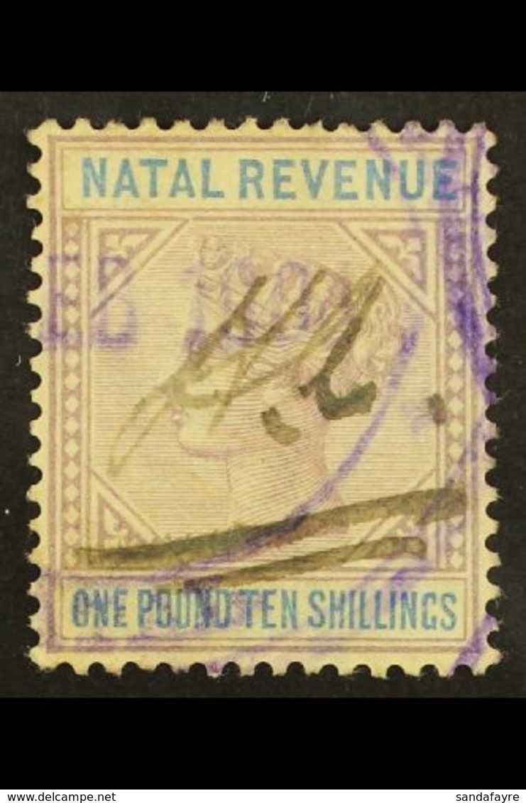 NATAL REVENUE 1885 £1.10s Lilac And Blue Die I (Barefoot 95), With Top Left Triangle Detached Variety, Used. Scarce! For - Non Classés