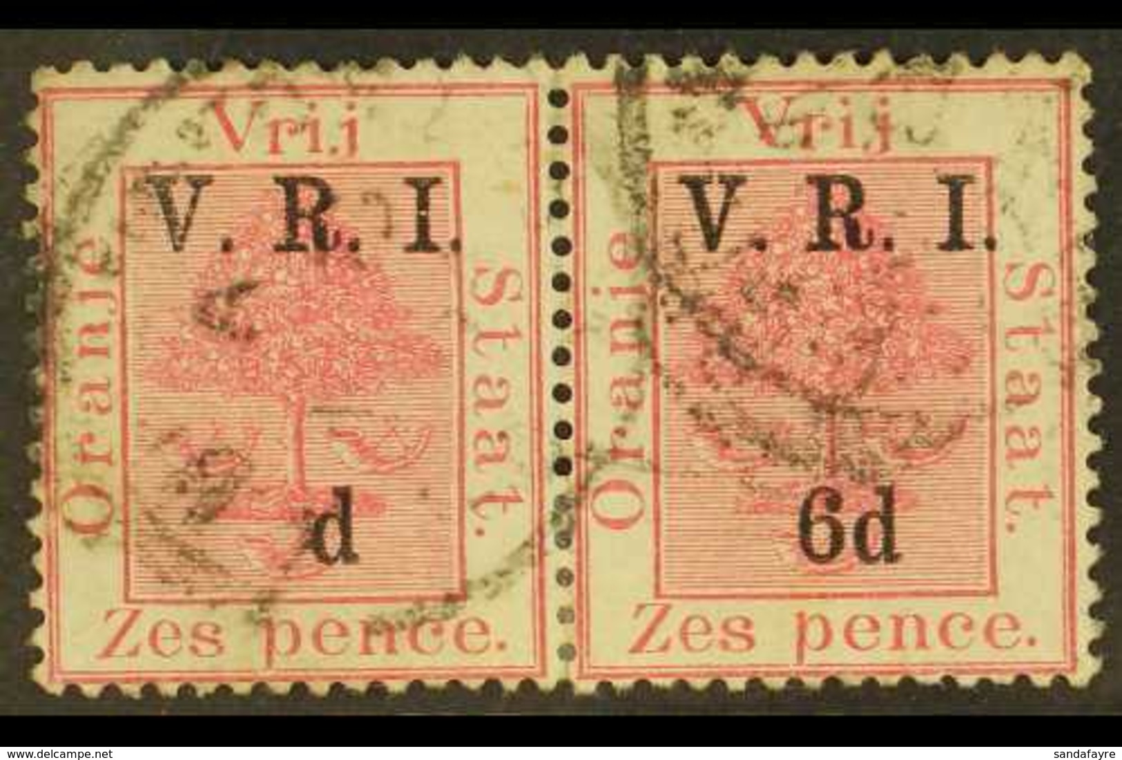 ORANGE FREE STATE 1900 6d On 6d Carmine, Level Stops, "6" OMITTED, IN PAIR WITH NORMAL, SG 108/8b, Good Used. For More I - Non Classés