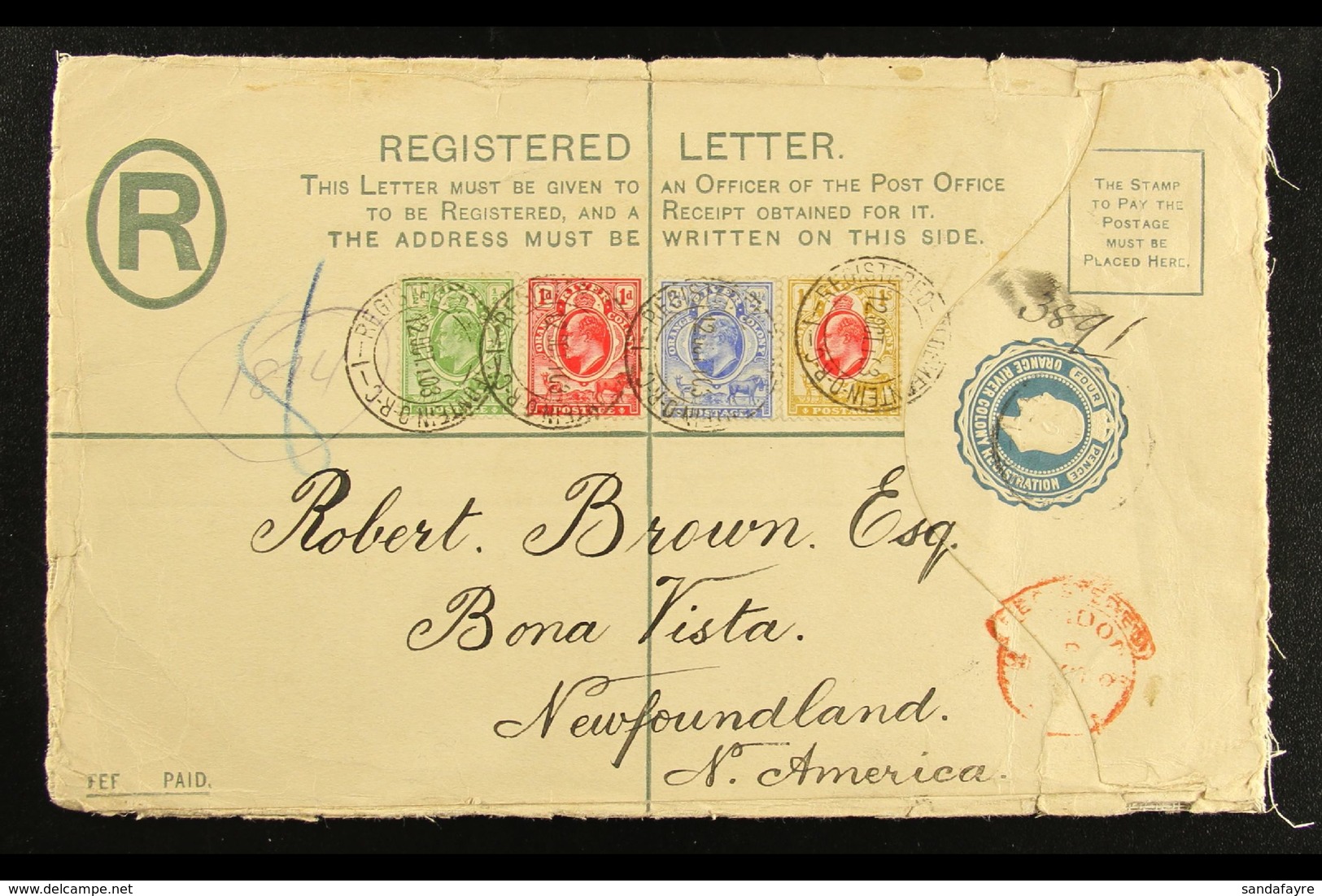 ORANGE RIVER COLONY 1903 (12 Oct) Postal Stationery 4d Registered Envelope (size 201x127mm), H&G 1, Addressed To Newfoun - Unclassified