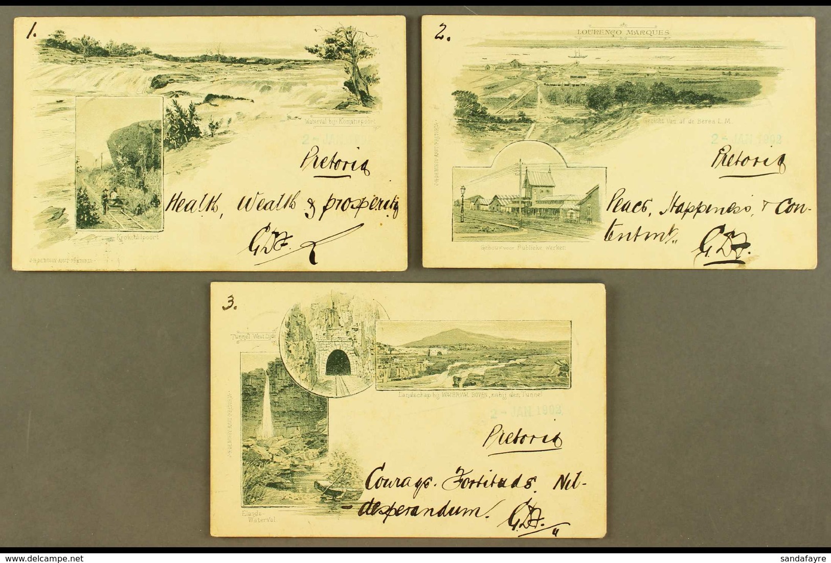 TRANSVAAL 1902 Group Of Three Different Pictorial Postcards, Each Numbered And Addressed To Pretoria, Each Posted Withou - Ohne Zuordnung