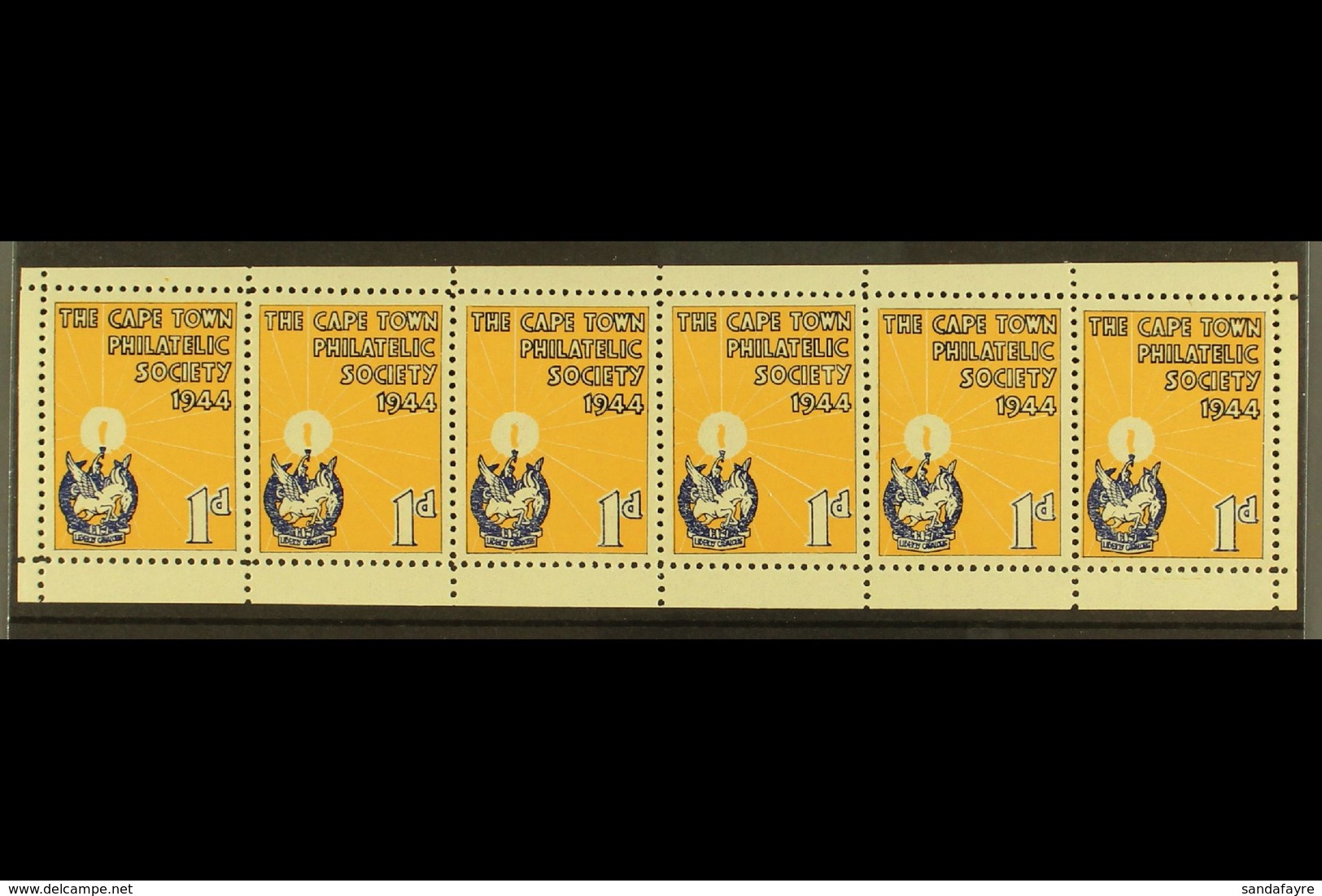 CINDERELLA LABEL 1944 "The Cape Town Philatelic Society" 1d Blue & Buff, Strip Of 6 Labels With Margins All Around, Gumm - Sin Clasificación