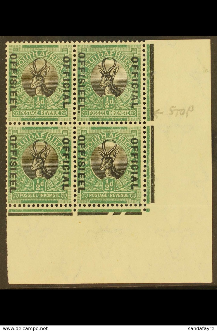 OFFICIALS 1929-31 ½d Black And Green, Issue 3, A Lower Right Corner Block Of Four, Showing The STOP VARIETY On Afrikaans - Unclassified