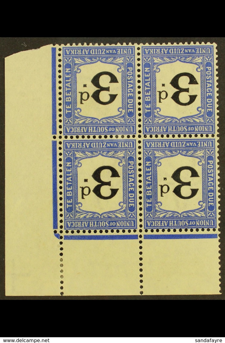 POSTAGE DUES 1914-22 3d Black & Bright Blue, WATERMARK INVERTED In Corner Marginal Block Of 4, SG D4w, Hinged On Margin, - Unclassified