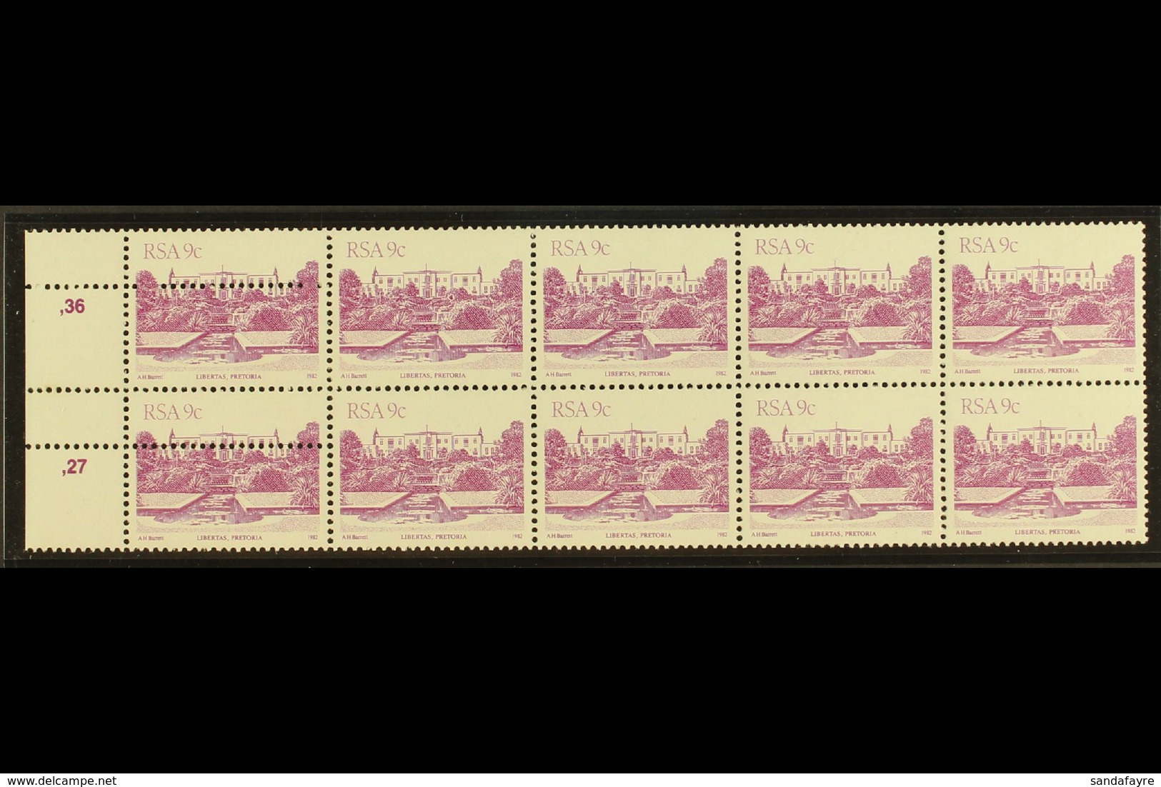 RSA VARIETY 1982 9c Buildings Definitive, Left Marginal Block Of 10 With EXTRA STRIKE OF COMB PERFORATOR In Margin, SG 5 - Unclassified