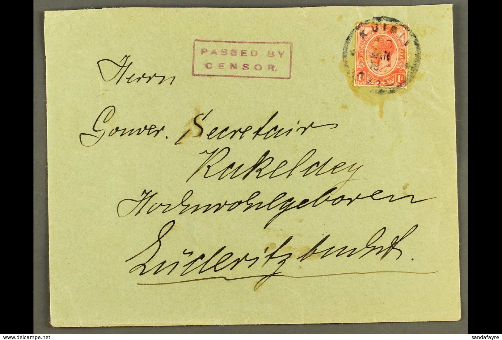 1917 (26 Jan) Cover To Luderitzbucht Bearing Glued Down 1d Union Stamp Tied By "KUIBIS / RAIL" Rubber Cds Cancel, Putzel - Afrique Du Sud-Ouest (1923-1990)