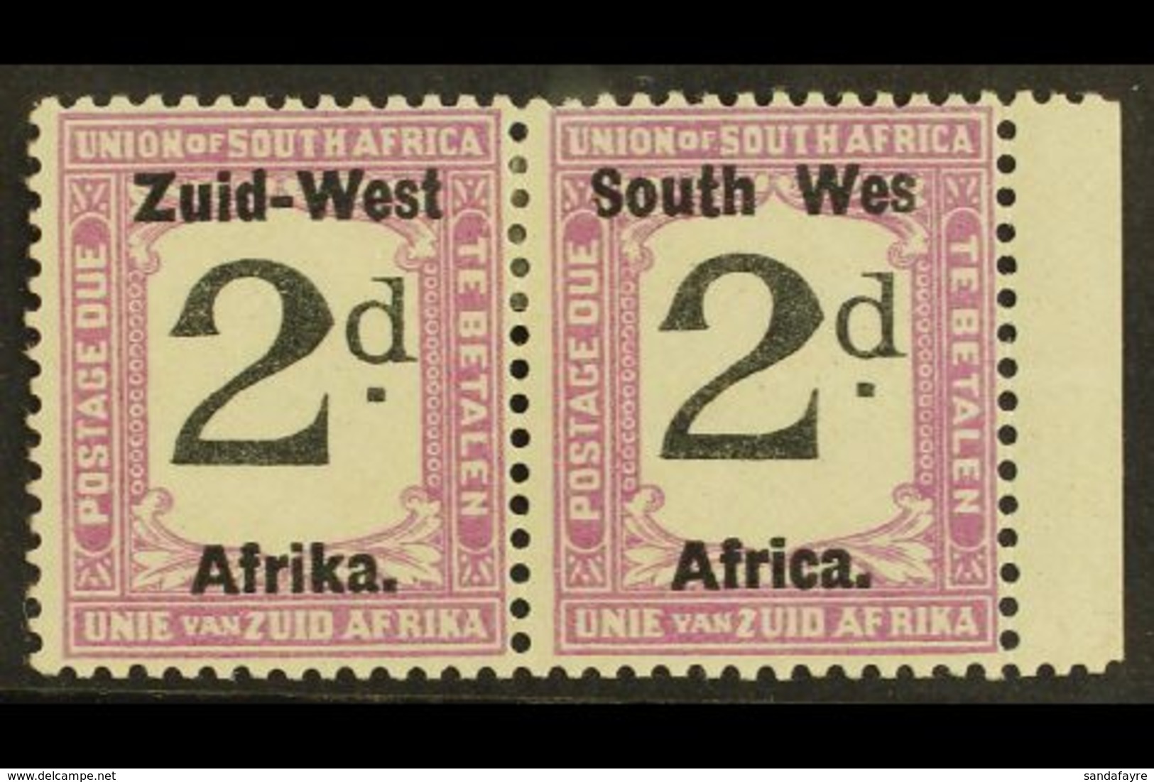 POSTAGE DUE 1923 2d Black And Violet Pair With "WES FOR WEST" Variety, Pretoria Printing, SG D9a, Very Fine & Fresh Mint - Südwestafrika (1923-1990)