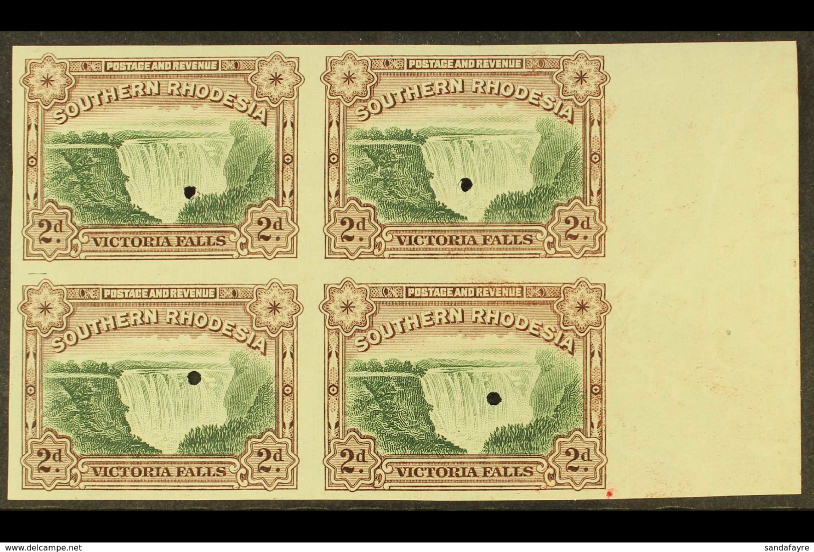 1935-41 VICTORIA FALLS 2d Green And Chocolate (as SG 35) - A Right Marginal IMPERF PROOF BLOCK OF FOUR, Each Stamp With  - Southern Rhodesia (...-1964)