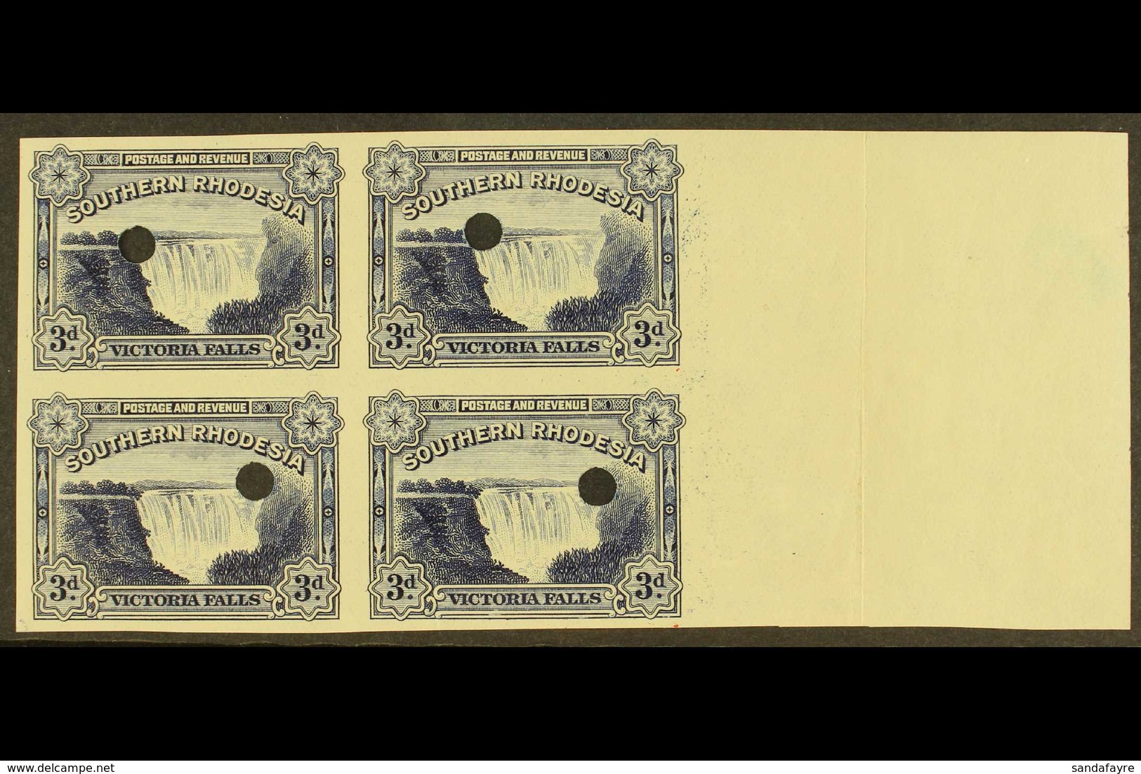 1935-41 VICTORIA FALLS 3d Deep Blue (as SG 35b) - A Right Marginal IMPERF PROOF BLOCK OF FOUR, Each Stamp With Security  - Southern Rhodesia (...-1964)