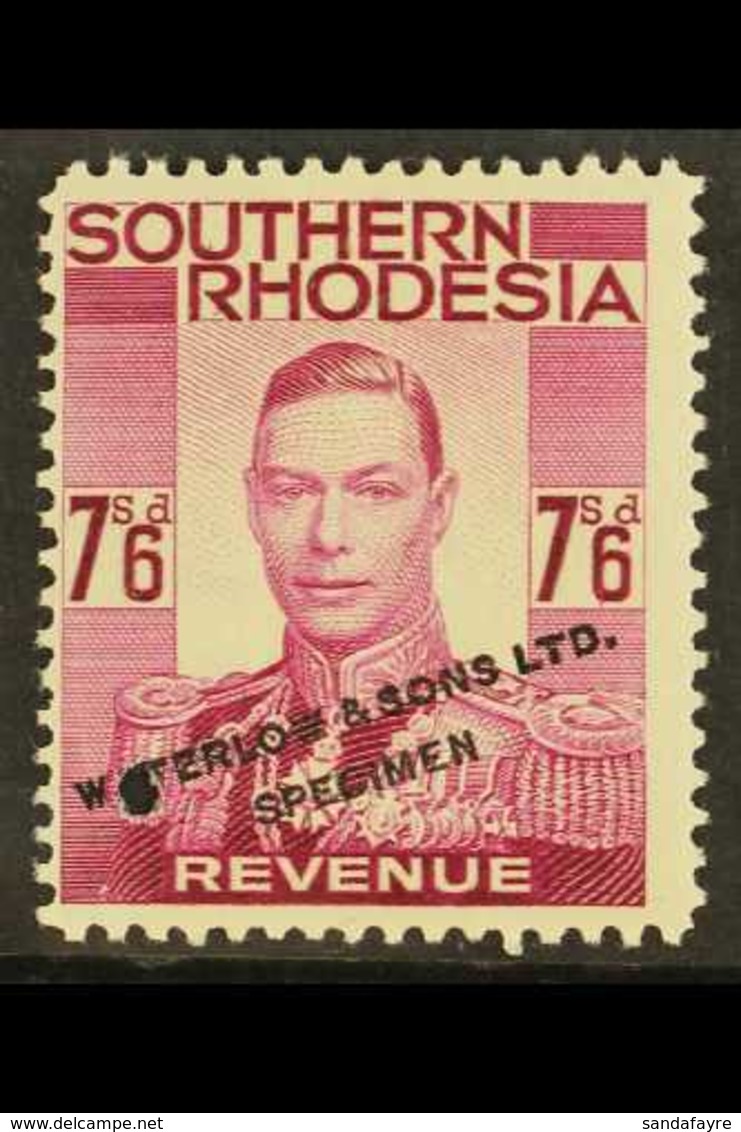 REVENUE COLOUR TRIAL. 1937 7s6d Purple (issued In Black, Barefoot 19) With Small Punch Hole And Black "Waterlow & Sons L - Rhodésie Du Sud (...-1964)