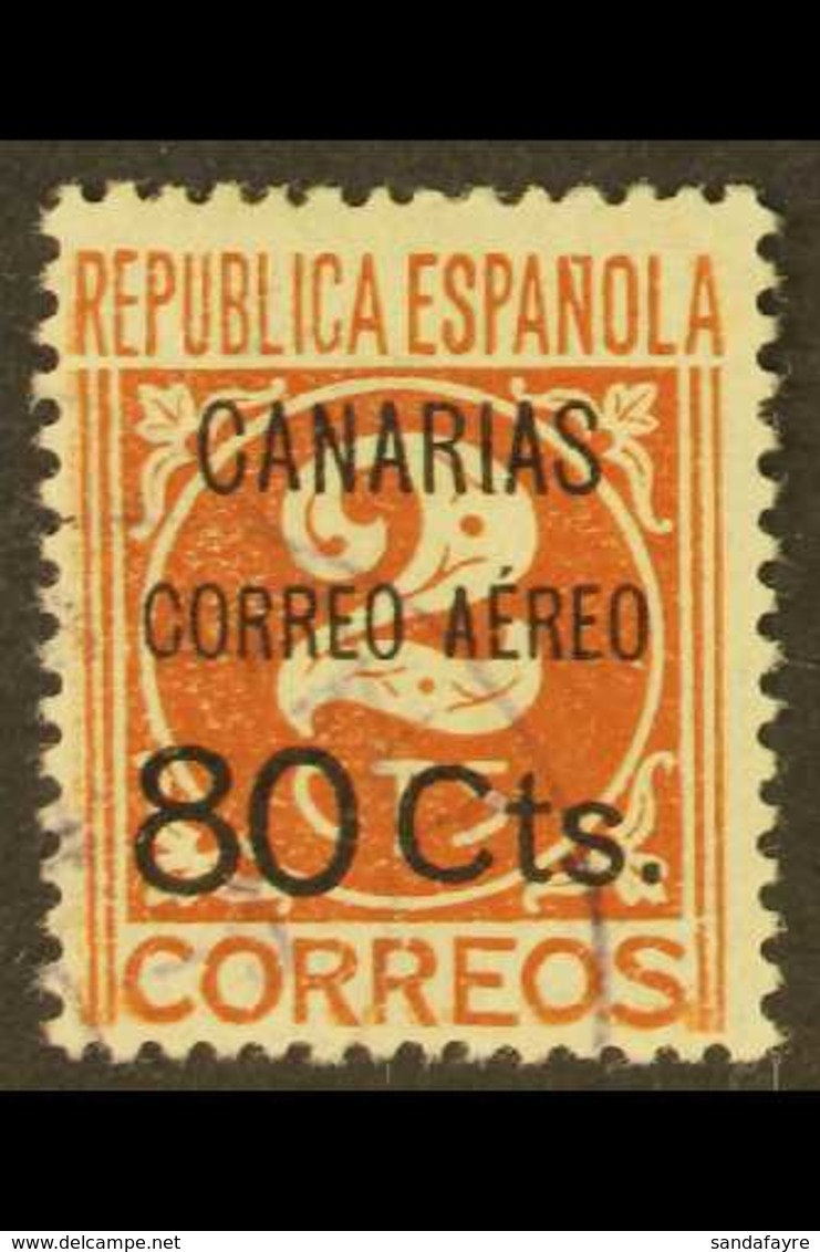 CANARY ISLANDS 1937 (1st July) 80cts On 2c Chestnut, Numeral, SG 30, Very Fine Used. Scarce Stamp. For More Images, Plea - Sonstige & Ohne Zuordnung