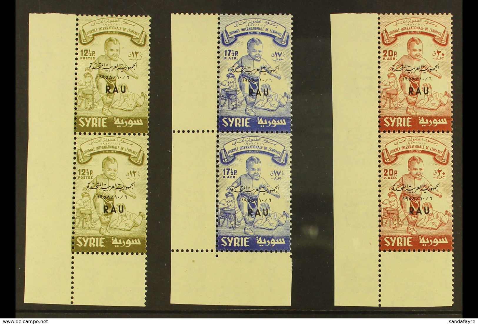 1958 International Children's Day "RAU" Overprints Complete Set, SG 670a/70c, Fine Never Hinged Mint Corner PAIRS, Fresh - Syrie