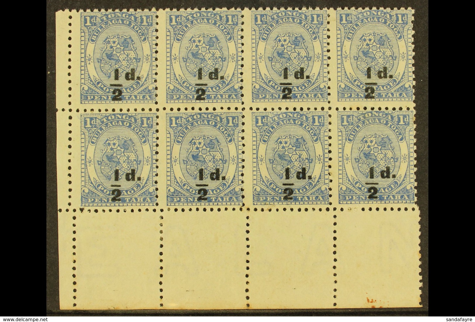 1893 ½d On 1d Dull Blue Surcharge In Black, SG 19, Fine Unused No Gum Lower Left Corner BLOCK Of 8, Fresh & Attractive.  - Tonga (...-1970)