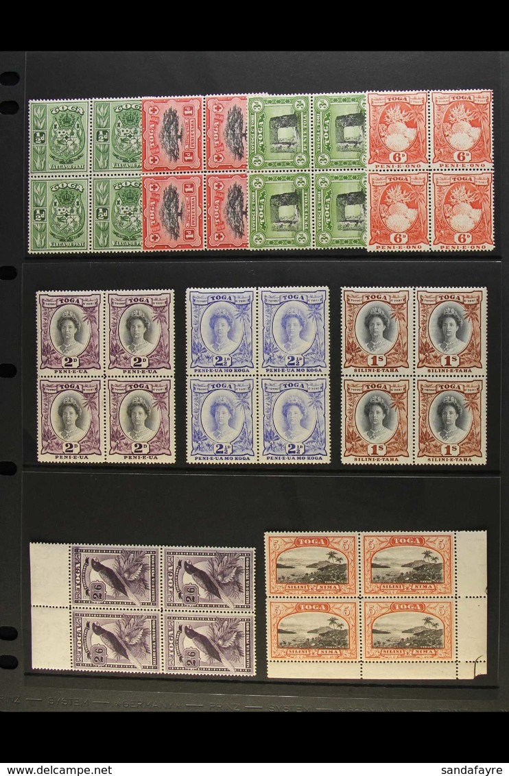 1942-9 Pictorial Defins, Watermark Script CA, Complete Set In BLOCKS OF FOUR, SG 74/82, Never Hinged Mint (9 Blocks). Fo - Tonga (...-1970)