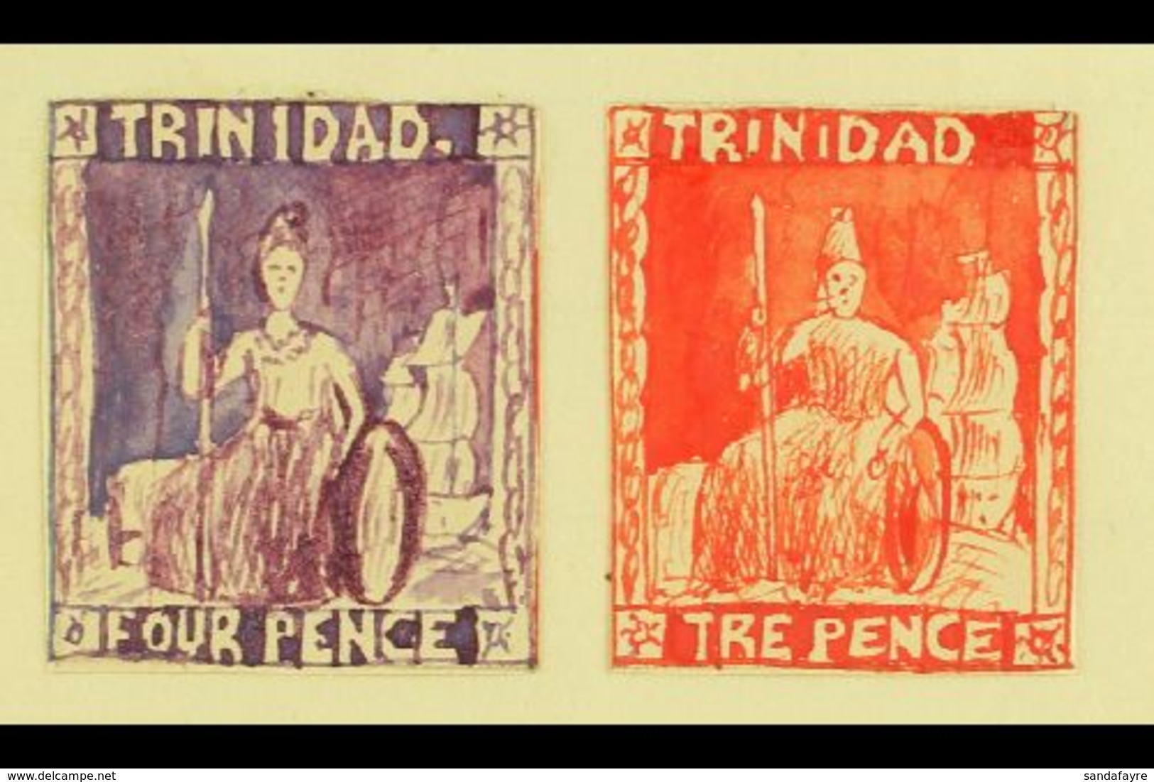 1861 HAND PAINTED STAMPS Unique Miniature Artworks Created By A French "Timbrophile" In 1861. Two Stamps Similar To Earl - Trinité & Tobago (...-1961)