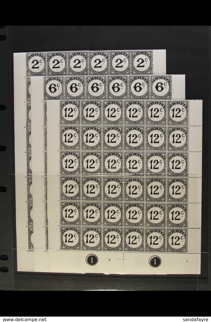 POSTAGE DUES 1947-61 Black 2c, 6c & 12c, SG D26a, 28a & 31a, In NHM Panes Of 60 With Selvedge To All Four Sides. Lovely  - Trinidad & Tobago (...-1961)