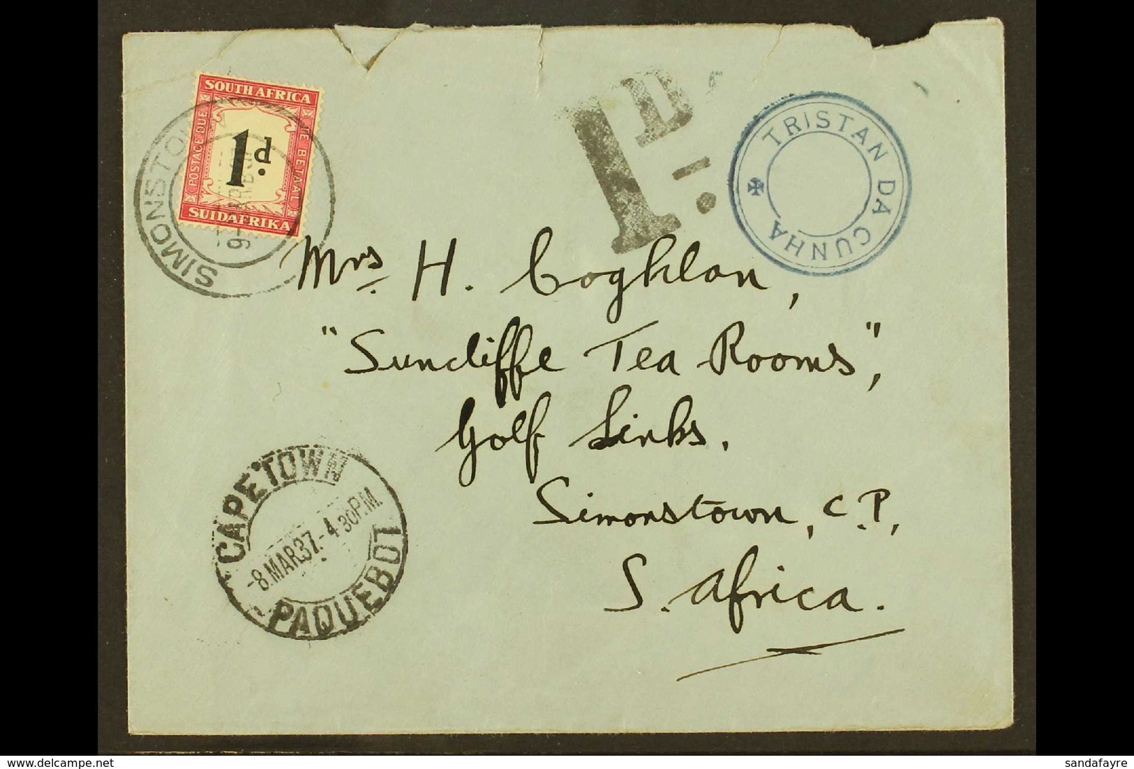 1937 Stampless Envelope From Tristan To South Africa, Franked With 28mm SG C6, Cachet V In Violet, Cover With "Cape Town - Tristan Da Cunha