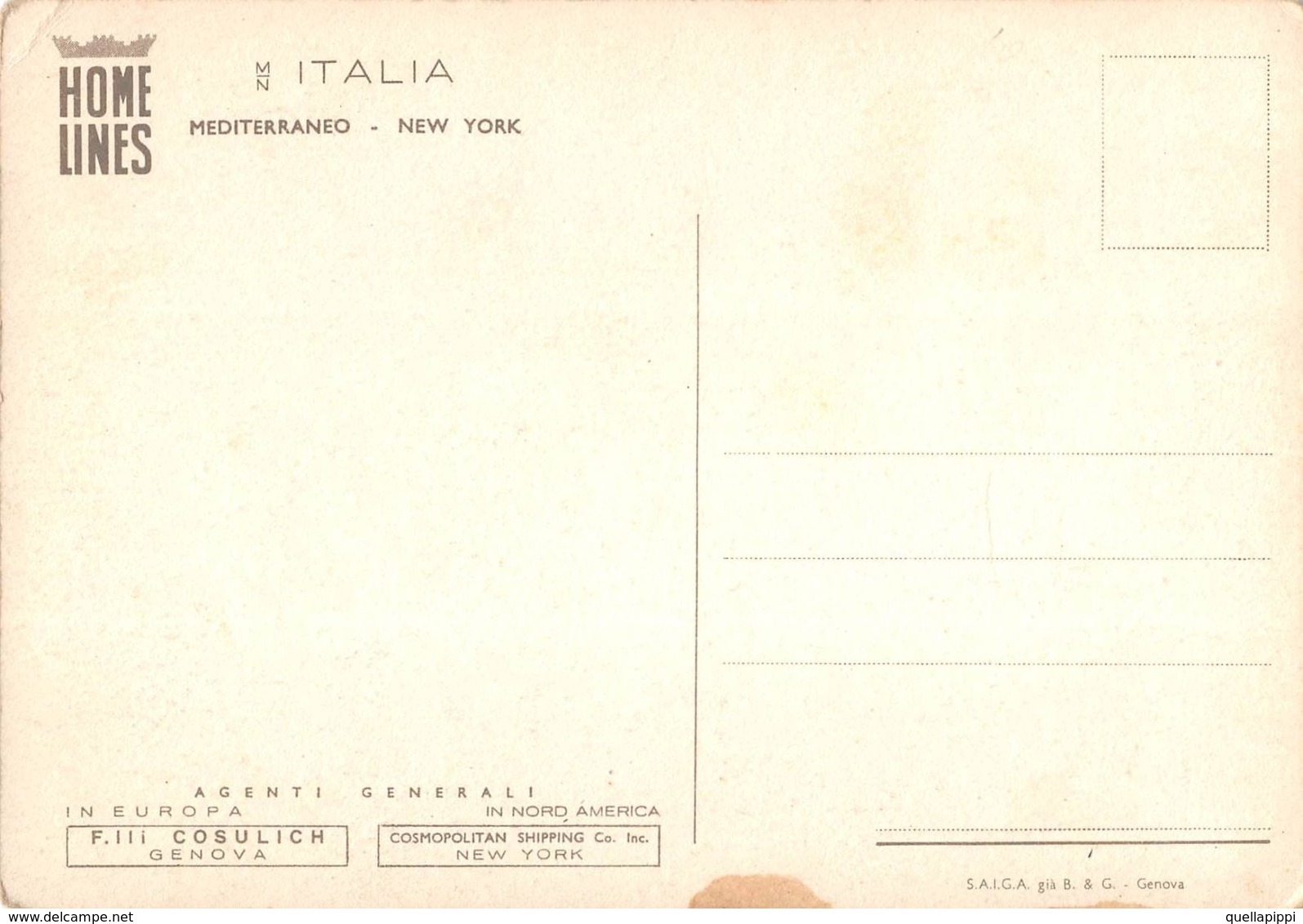 07201 "HOME LINES - M/N ITALIA - MEDITERRANEO - NEW YORK - F.LLI COSULICH-GENOVA " CART NON SPED - Banks