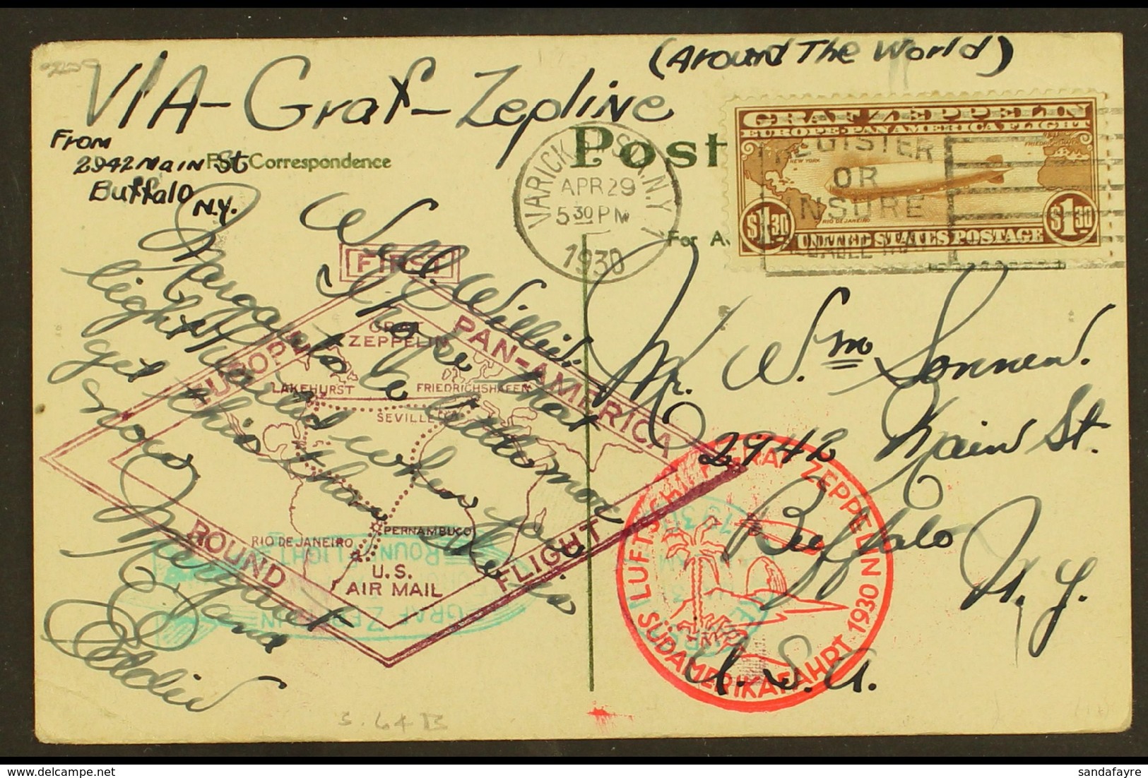 1930 (Apr 29) Picture Postcard Bearing Very Fine AIR Graf Zeppelin $1.30 Brown (Sc C14, SG A687) Tied By Slogan Cancel;  - Altri & Non Classificati