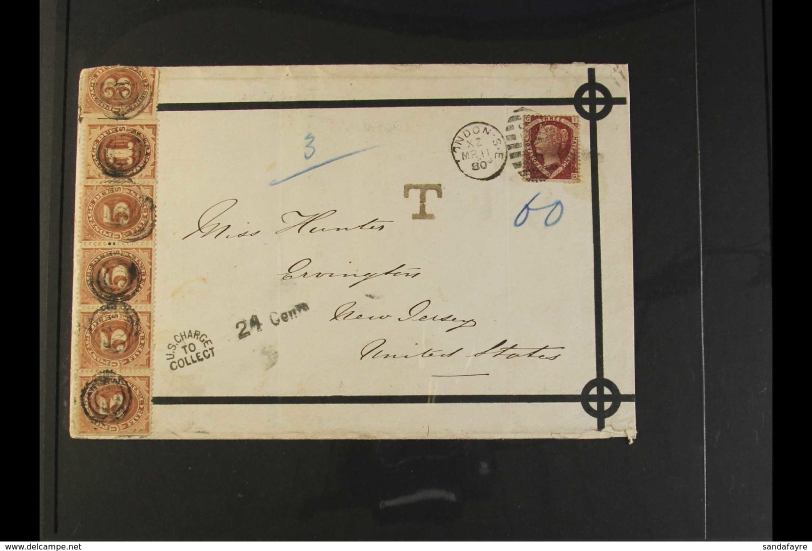 INCOMING TAXED MAIL 1880 (11 March) Cover From London To USA, Franked 1870 1½d Plate 3, SG 52, Tied By London Duplex Pmk - Otros & Sin Clasificación