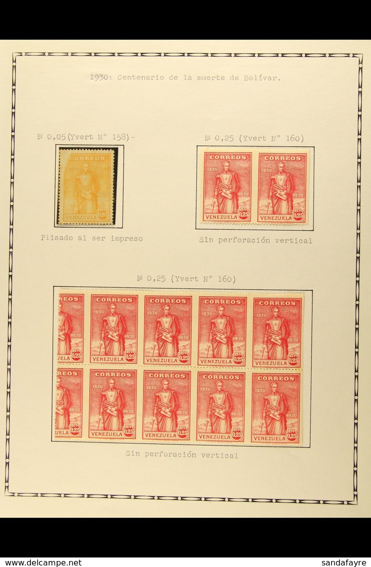 1930 BOLIVAR CENTENARY VARIETIES Includes 5c Yellow Mint, Scott 290, With Part Of Impression Missing From Top Left Corne - Venezuela